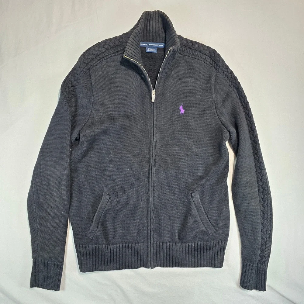 Ralph Lauren Sport Full Zip Cardigan Sweater Black Cotton Cable Sleeve Mens‎ L